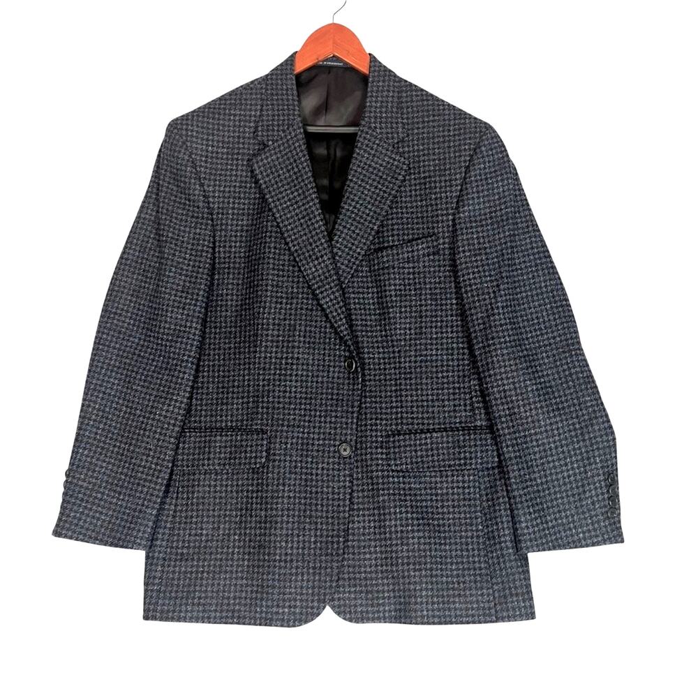 Lands End Wool Houndstooth Blazer Mens 44R Black Blue Business Casual Prep Tweed